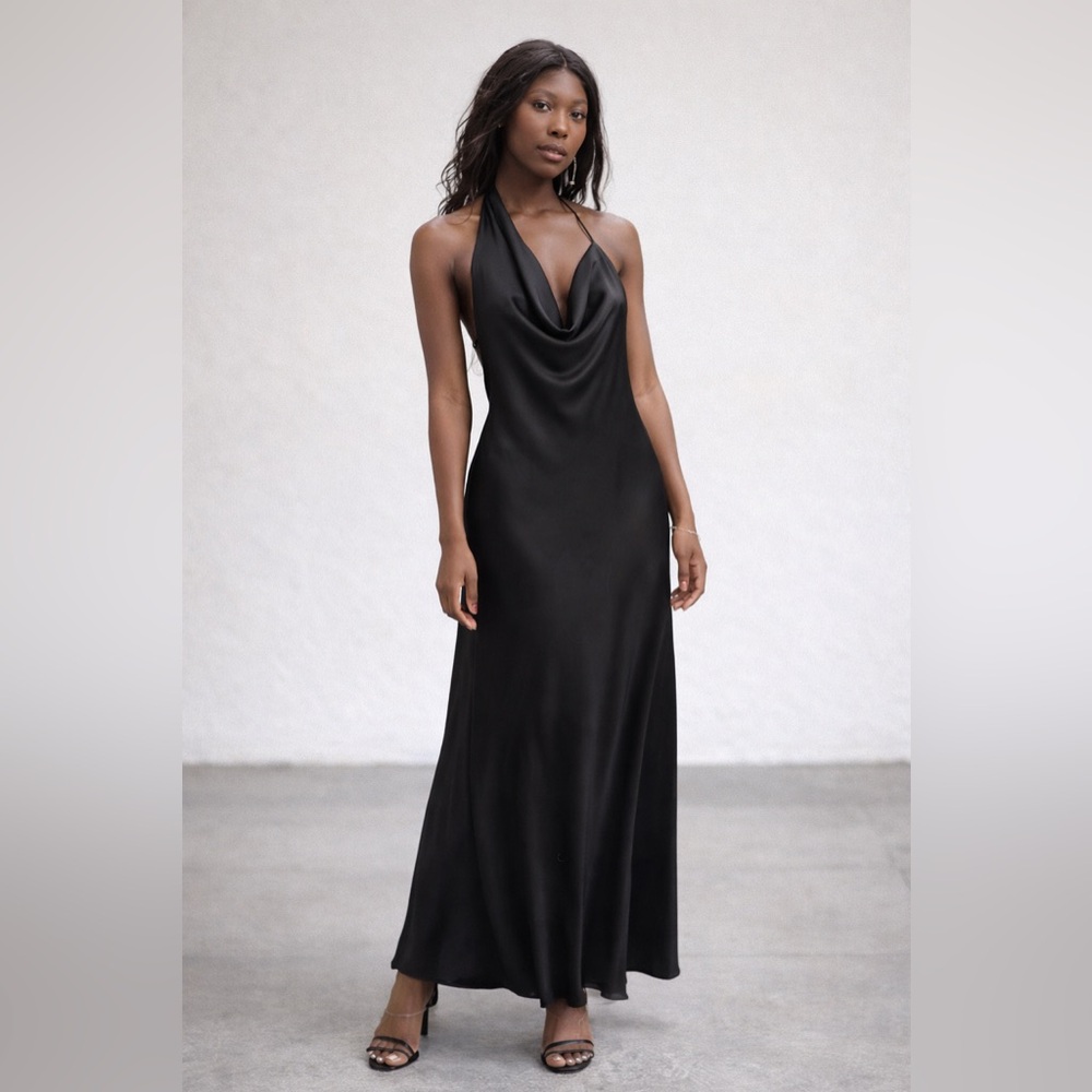 Zara Black Halter Cowl Neck Maxi Dress